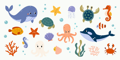 Cartoon Sea Creatures And Coral Vector Illustration With A White Background © AnupKumar