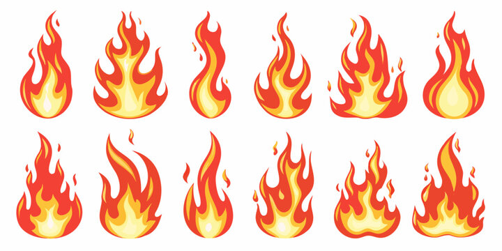 Cartoon fire flame set vector illustration with orange and yellow tones