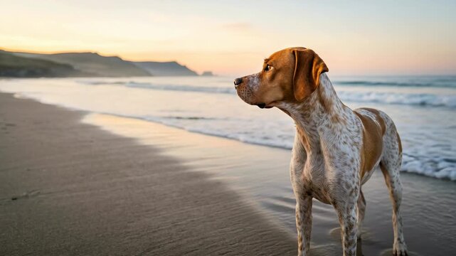 english pointer close up at beach in england during morning light video