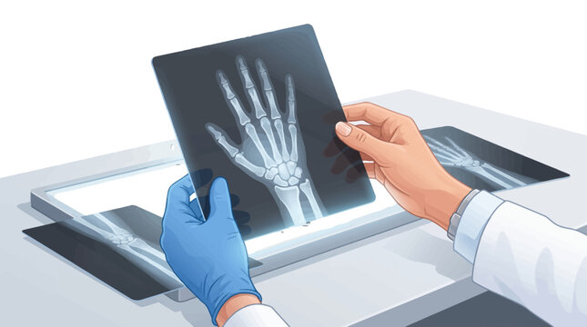 Illustration of doctor hands examining X-ray films of a human hand on a light box in a clinic setting, medical radiology diagnostic process for bone fractures. isolated on a white background
