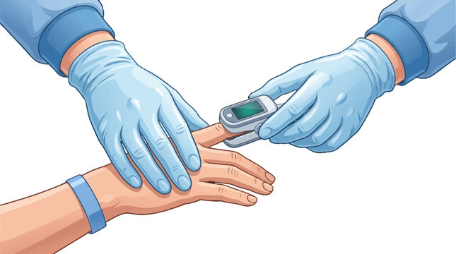 Doctor hands in blue medical gloves using a portable pulse oximeter on a patient's finger to measure oxygen saturation and heart rate in a clinical setting. isolated on a white background