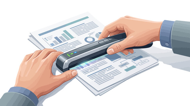 Professional hands using a portable handheld scanner to digitize paper documents and financial reports in a modern paperless office vector illustration style. isolated on a white background