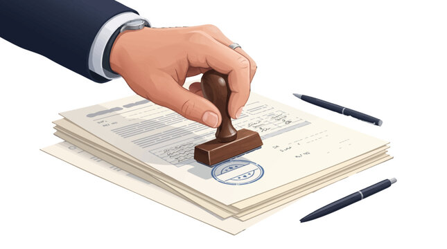 Professional hand in a business suit stamping a stack of official documents and legal paperwork with a wooden rubber stamp for approval, notary certification. isolated on a white background