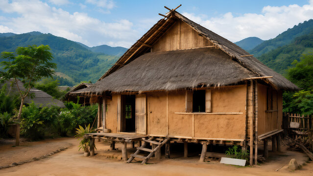 Traditional mud and bamboo stilt house with a thatched roof in a remote rural mountain village