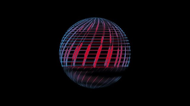 Abstract glowing wireframe sphere with red and blue lines forming a futuristic digital globe shape isolated on a dark background for modern technology and science data visualization design concepts