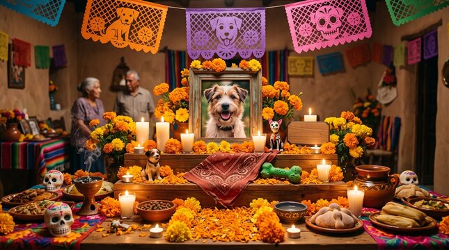Day of the Dead altar honoring a beloved dog with flowers and photos