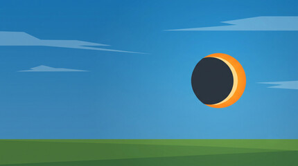 Minimalist Vector Landscape with a Partial Solar Eclipse in a Blue Sky © bimo