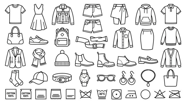 Outline Icons of Clothing, Accessories, and Laundry Care Symbols.