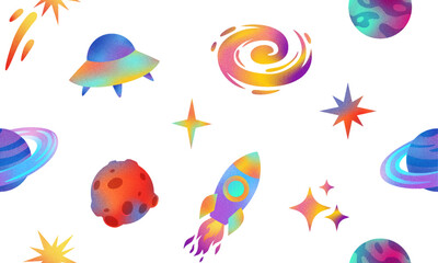 Gradient space elements vector seamless pattern, abstract grainy cosmic planets, meteorite, alien spaceship space rocket © sabelskaya