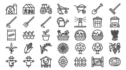 Farming Icons Set: Barn, Tractor, Greenhouse, Crops, Vegetables, Tools, Animals © muhammad