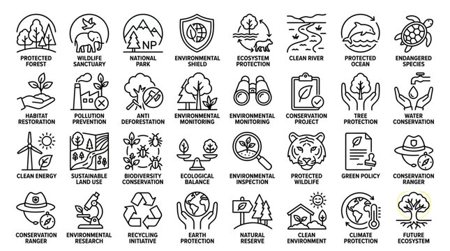 Environmental Protection Icons: Nature Conservation, Ecology, Sustainability, Climate