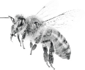 Obraz premium Close up view of a bee created with grey and black halftone dots, on a transparent background.