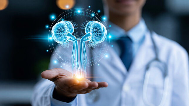 Faceless doctor holding holographic male reproductive system anatomy model, urology hologram concept, medical photography, blurred dark background, with copy space