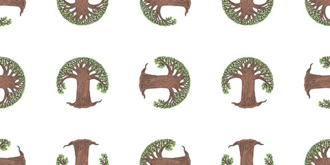 Naklejka premium Old tree with green leaves, seamless pattern, outline hand drawn vector background, wallpaper, paper, textile