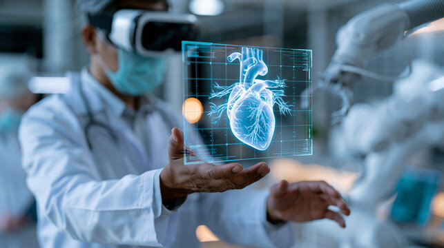 Faceless doctor examining holographic human heart with virtual reality futuristic medical lab and robotic arms assisting precise diagnostics, advanced cardiology concept, medical