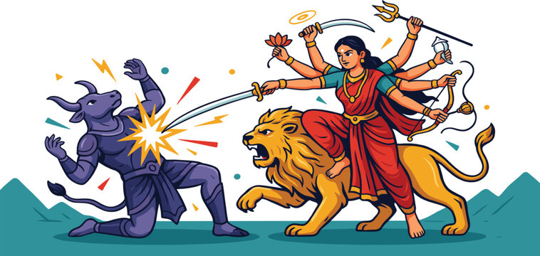 Hindu goddess durga riding lion and battling blue buffalo demon mahishasura