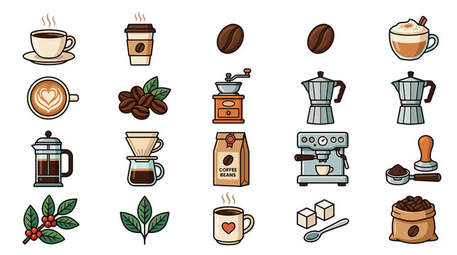A vibrant collection of coffee-themed icons featuring various brews and beans.