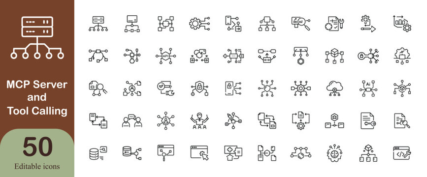 MCP Server and Tool Calling Line Icons Set &ndash; Model Context Protocol, AI Tools, Function Calling, API Integration, Agent Communication, Resource Access, Enterprise AI Outline Collection