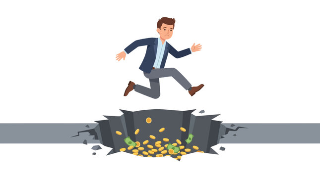 Businessman jumping over financial pitfall with money