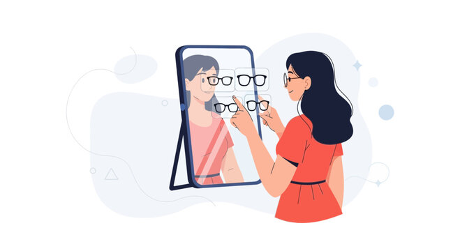 Woman Choosing Eyeglasses in Mirror