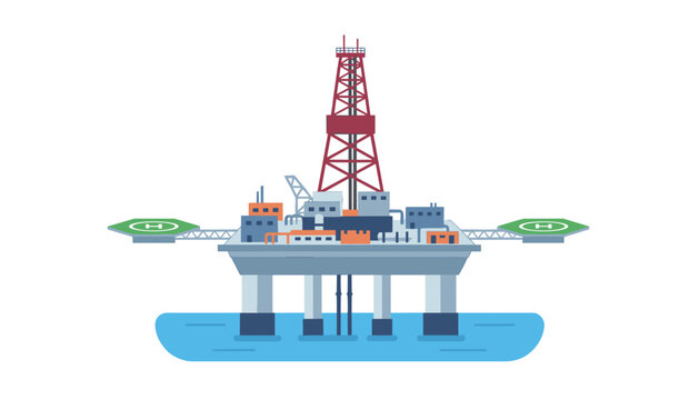 Offshore drilling rig platform floating on water featuring twin landing pads for helicopters and a prominent tall red metal derrick structure.