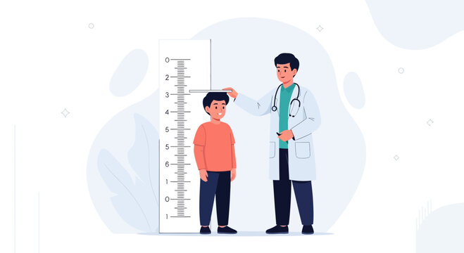 Doctor measuring child's height with a stadiometer in a clinic, pediatric healthcare concept