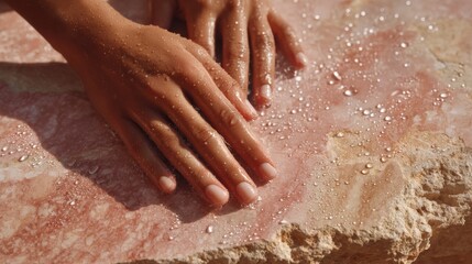 Fototapeta premium Water on travertine stone with hands gently touching wet pinkish-peach porous limestone surface, water droplets beading naturally, top-down view, natural lighting, high detail texture