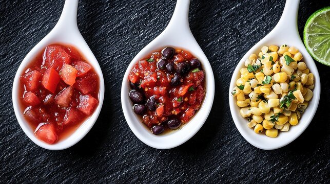Premium Mexican salsa trio featuring fresh tomato, black bean, and corn varieties served in white ceramic tasting spoons on dark slate background