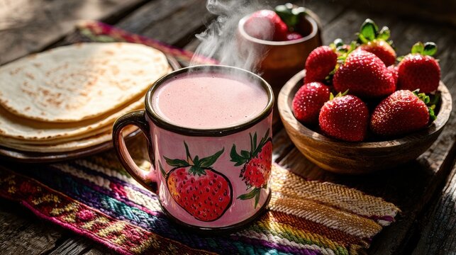 Hot strawberry atole in decorative pink ceramic mug with hand-painted strawberry motifs, served alongside fresh berries and corn tortillas on woven textile