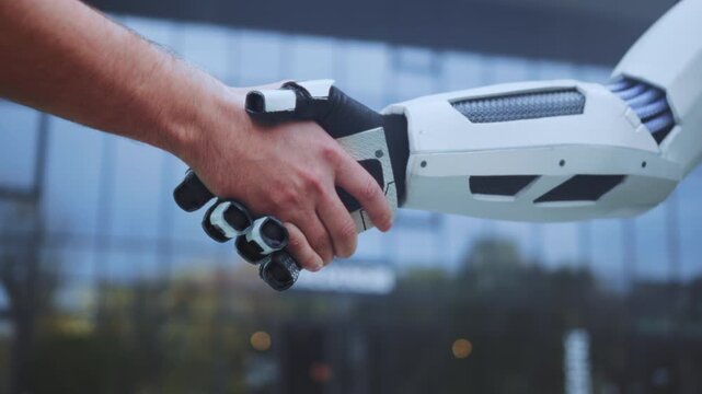 Metallic limb offers assured business connection, Mechanical hand reaching out for professional assurance