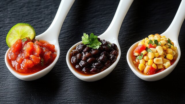 Premium salsa trio featuring roasted tomato, black bean, and corn varieties served in elegant white ceramic spoons on dark slate with fresh lime garnish