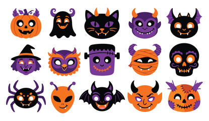 Fototapeta premium Colorful halloween character faces set including pumpkins ghosts and monsters vector illustration on white background