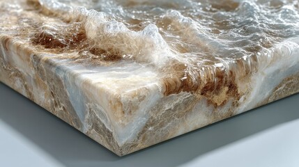 Obraz premium Water on travertine stone surface, wet porous limestone with flowing water reflections, cream and brown natural textures, angled top view, glistening wet stone, professional studio lighting, high det