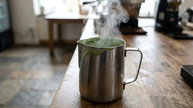 Steaming matcha green tea latte in metal pitcher on cafe wood counter scene-0825f783-0515-4dd2-9f77-2f351123789e_202607041925