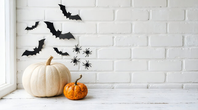 Halloween decorations, white and orange pumpkins, black bats and spiders on brick wall, festive holiday setup isolated on White Background Halloween