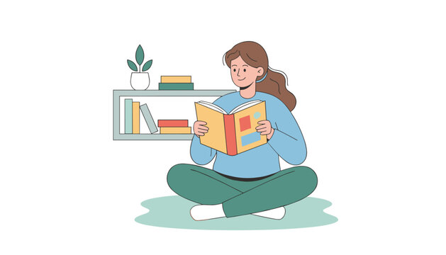 Girl with brown ponytail sitting cross-legged on a mat while reading a book with a small decorative shelf featuring plants behind her.