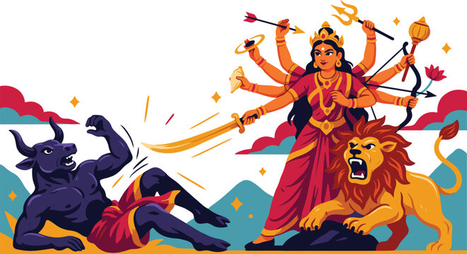 Hindu goddess durga riding lion and battling blue buffalo demon mahishasura