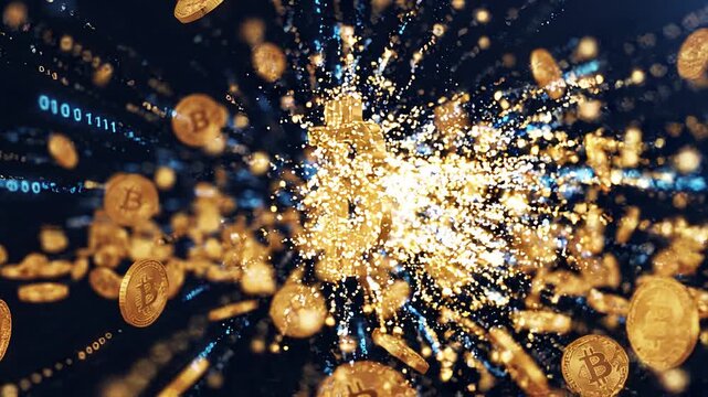 Cryptocurrency bitcoin coins flowing, digital finance and blockchain concept, cinematic fintech footage