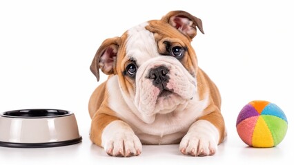 白背景でお座りするかわいいブルドッグの子犬