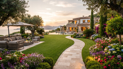 Obraz premium Luxury Modern Villa with Landscaped Lawn