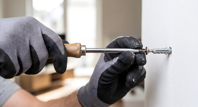 Hand in gray glove using screwdriver to insert wall anchor into plaster wall.