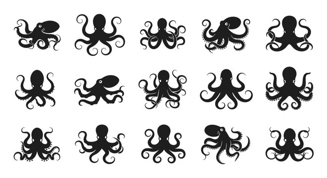 A group of octopus silhouettes are arranged in rows on a white background