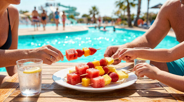 Family shares fruit skewers at outdoor pool with clear blue water and palm trees around. Atmosphere suggests summer fun and leisure. Concept of catering, family activities, outdoor dining