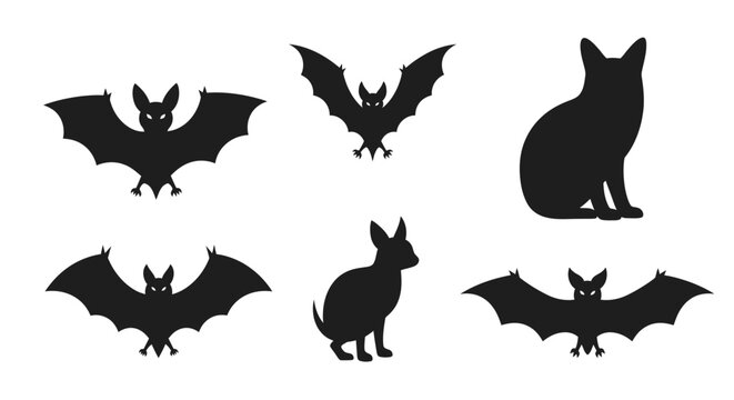 Black silhouettes of bats and a cat on white background for Halloween decorations.