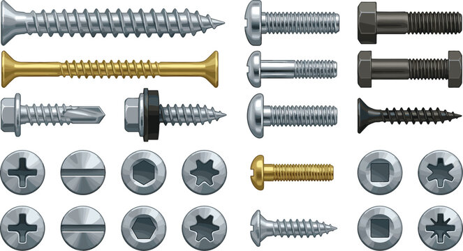Metal Screws Bolts and Fasteners Set with Different Types of Heads Threaded Nails and Rivets for Hardware Repair and Industrial Design Vector
