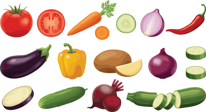 Fresh Organic Vegetables Set with Tomato Carrot Onion Chili Bell Pepper Eggplant Potato Beetroot Cucumber and Zucchini Slices for Food Design Vector