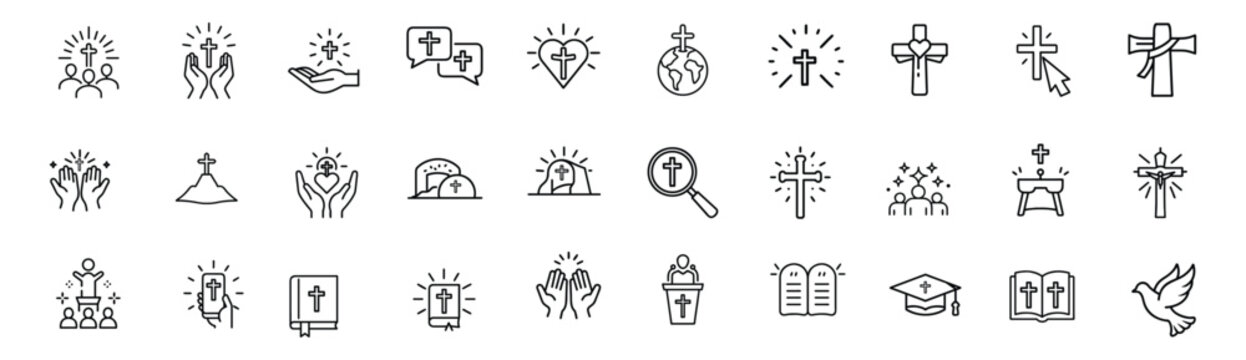 Christian religion and church line icons set with holy bible, jesus cross, prayer hands, peace dove, law tablets & more vector illustration with editable stroke.