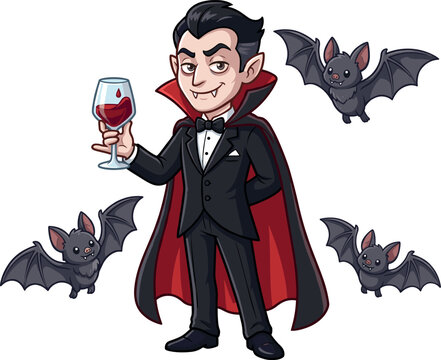 Cartoon Dracula Vampire Character Holding Wine Glass with Bats Vector Illustration Halloween Costume Isolated Design