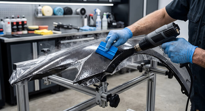 Man applying protective film to carbon fiber car part with squeegee and heat gun.