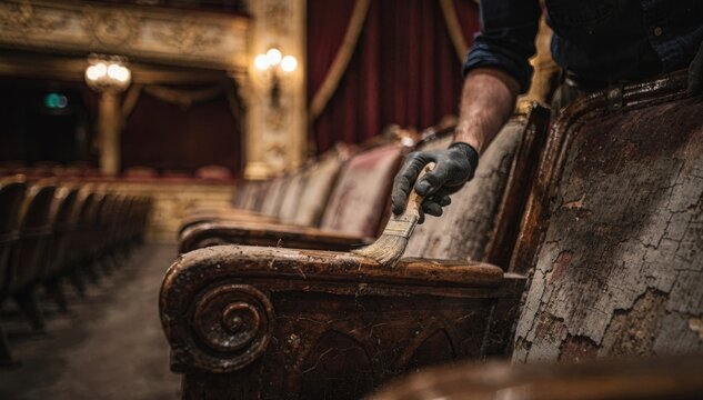 Focused shot of restoration worker applying fresh paint to vintage theater seats dim ambient lighting enhancing textures and blurred ornate proscenium details.